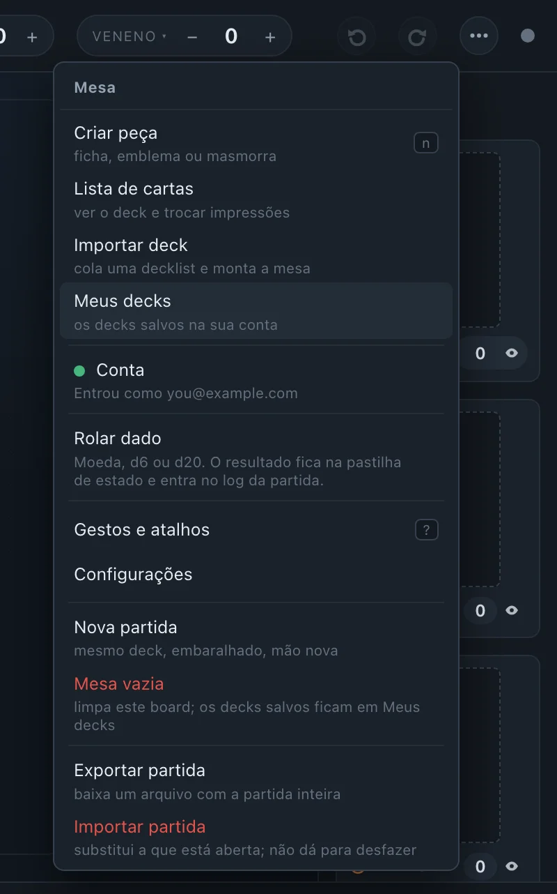 O menu ⋯ do jogo aberto, com Meus decks em destaque e, logo abaixo, Conta com o ponto verde de quem está logado.