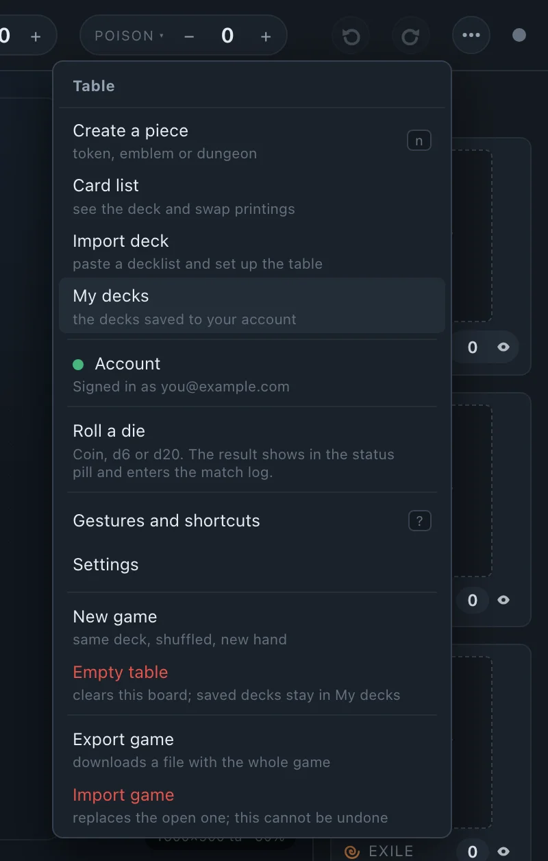 The game's ⋯ menu open, with My decks highlighted and, right below it, Account with the green dot of a signed-in player.